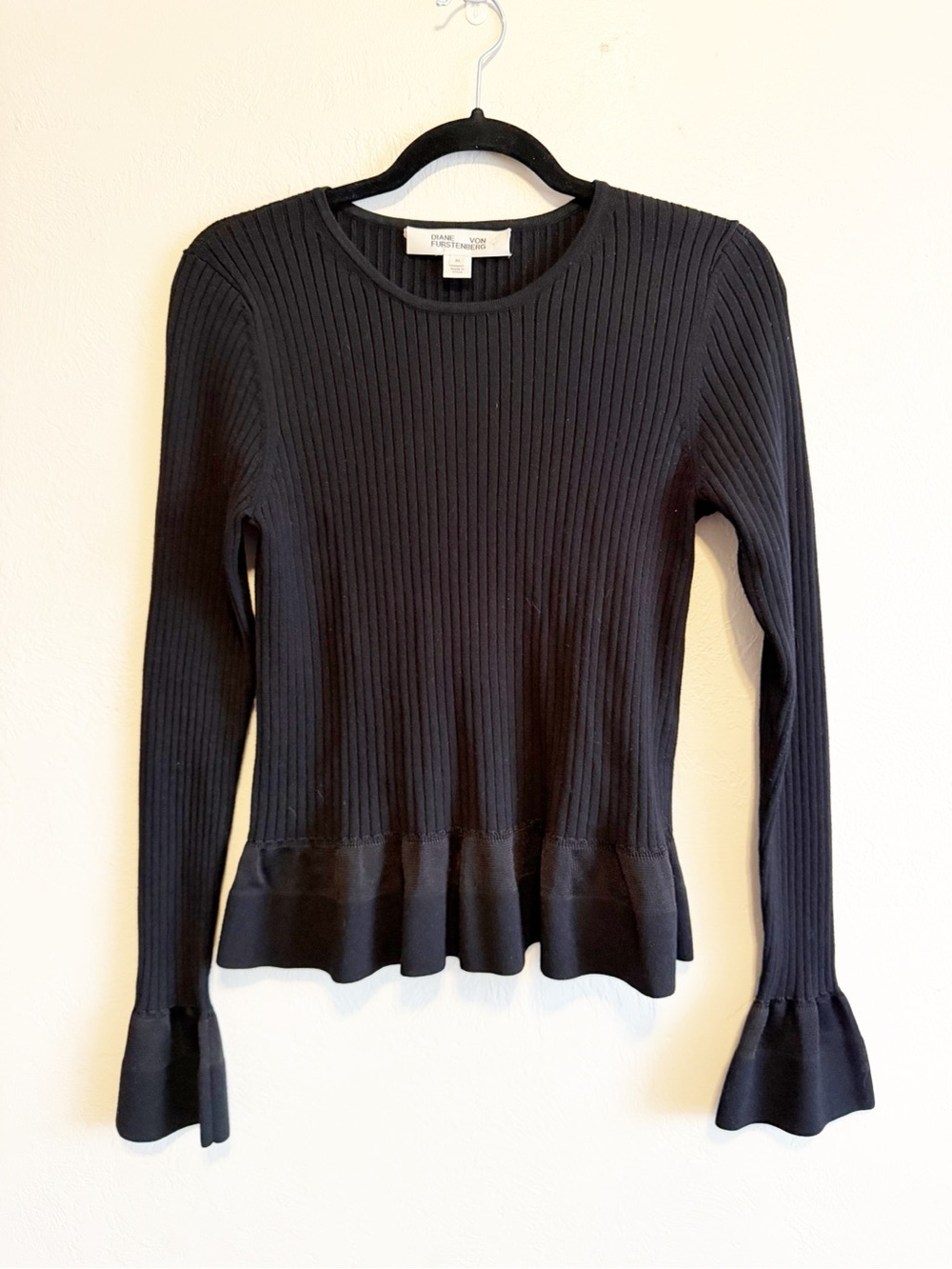 Diane Von Furstenberg Black Ribbed Peplum Long-Sleeve Top size small